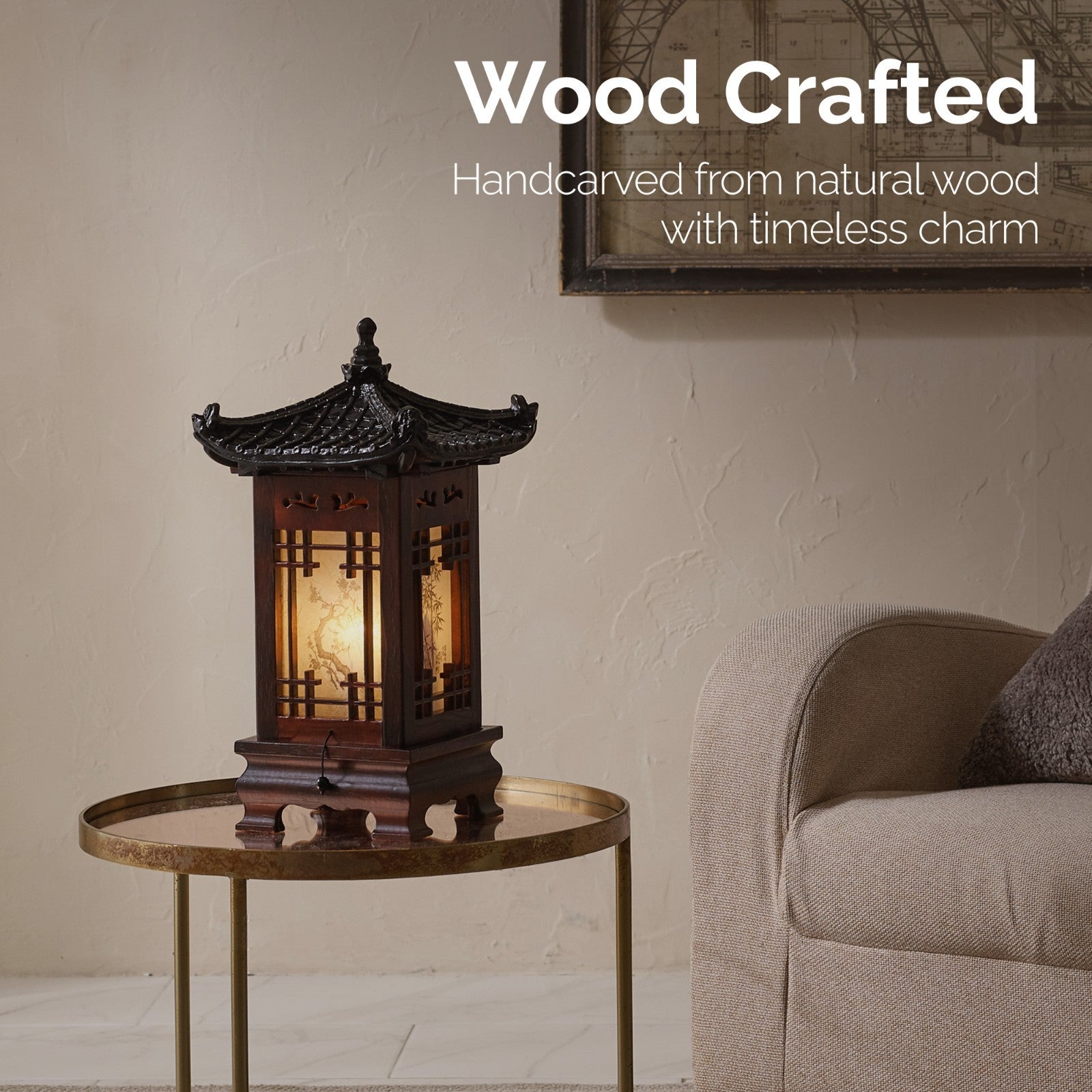 Carved Wood Art Home Deco Lantern Brown Square Bedside Bedroom Table Lamp Light