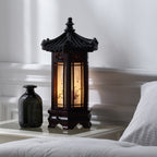 Hexagonal Carved Wood Lantern Brown Art Deco Bedside Bedroom Table Lamp Light