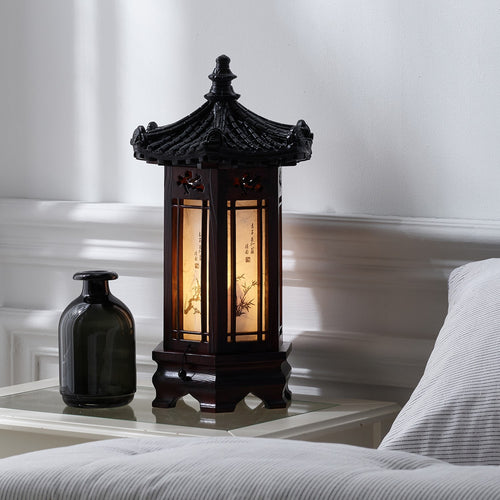 Hexagonal Carved Wood Lantern Brown Art Deco Bedside Bedroom Table Lamp Light