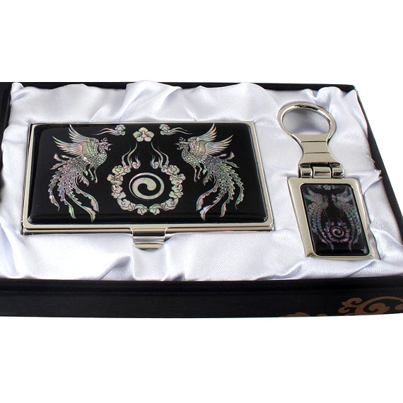 f Pearl Phoenix Design Keychain Key Ring Fob Name Card Case Holder Set 