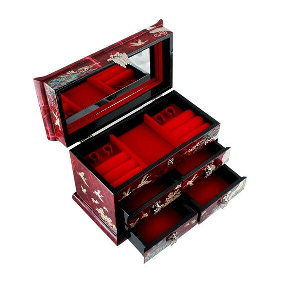 Mother of Pearl Art Red Wood Drawer Jewelry Treasure Trinket Box Chest Organizer