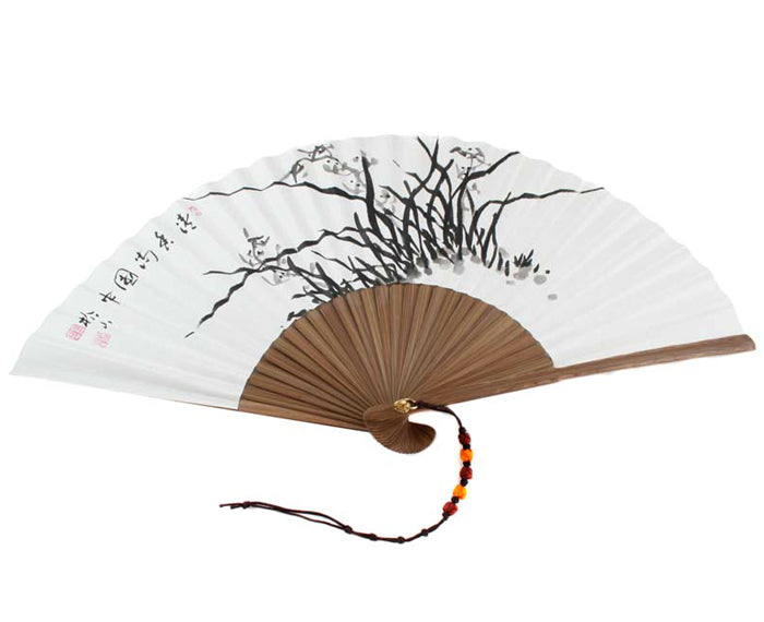 Folding White Paper Chinese Ink Orchid Painting Bamboo Wood Wall Art Fan