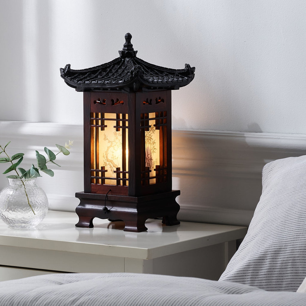 Carved Wood Art Home Deco Lantern Brown Square Bedside Bedroom Table Lamp Light