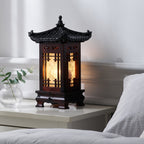 Carved Wood Art Home Deco Lantern Brown Square Bedside Bedroom Table Lamp Light