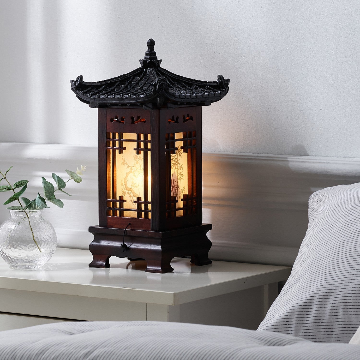 Carved Wood Art Home Deco Lantern Brown Square Bedside Bedroom Table Lamp Light