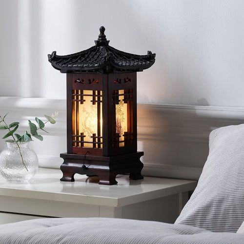 Carved Wood Art Home Deco Lantern Brown Square Bedside Bedroom Table Lamp Light