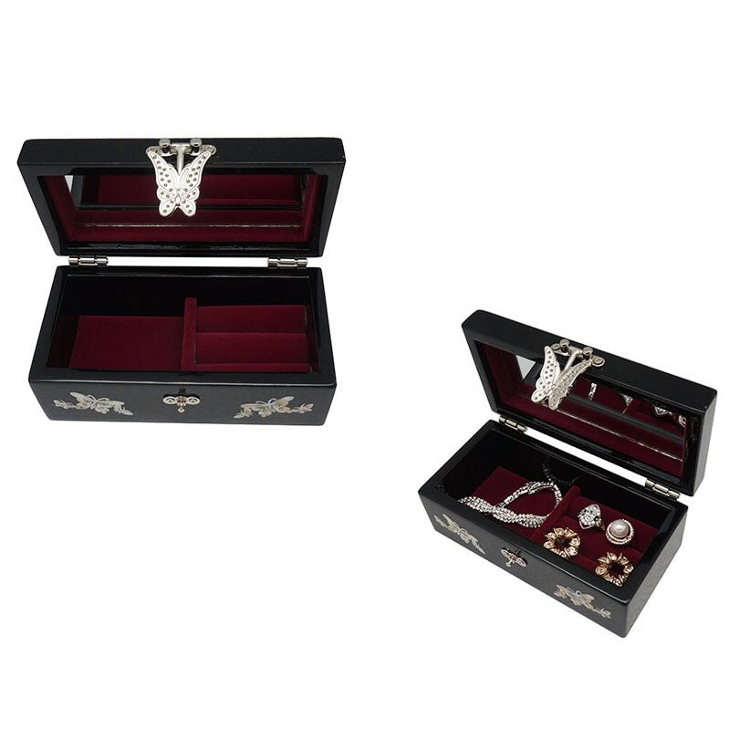 MOP Oriental Black Wood Jewelry Earring Ring Necklace Trinket Box Case Holder
