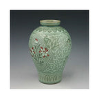 Korean Celadon Green Porcelain Ceramic Art Pottery Red Flower Asian Decor Vase