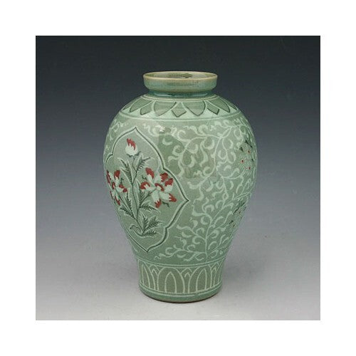 Korean Celadon Green Porcelain Ceramic Art Pottery Red Flower Asian Decor Vase