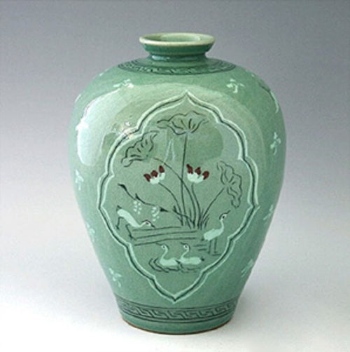 Korean Celadon Green Porcelain Ceramic Art Pottery Duck Asian Decor Vase