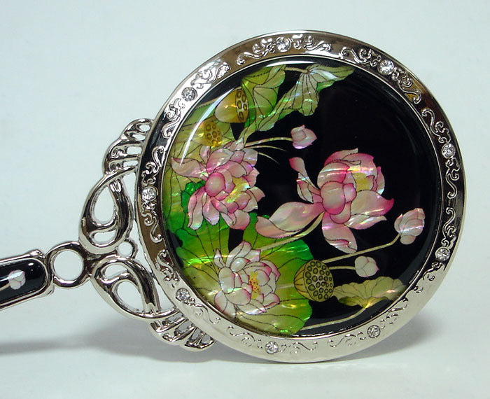 Mother of Pearl Pink Floral Cosmetic Makeup Hand Held Vanity Pouch Beauty Mirror