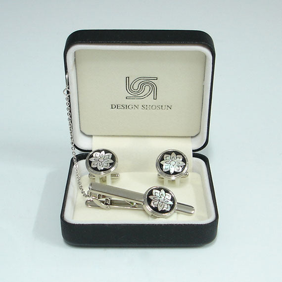 Mother of Pearl Round Black White Flower Tie Clip Bar Clasp Pin Cufflinks Set