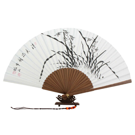 Folding White Paper Chinese Ink Orchid Painting Bamboo Wood Wall Art Fan