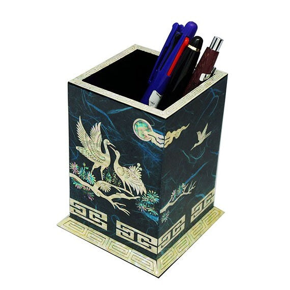 Mother of Pearl Blue Desk Stand Wood Pen Pencil Brush Holder Lid Case Box Gift
