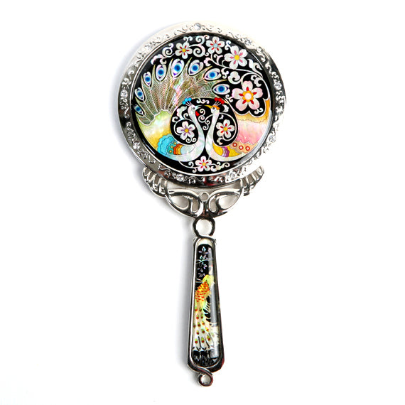 MOP Wedding Favor Bridal Round Cosmetic Makeup Hand Vanity Pouch Beauty Mirror