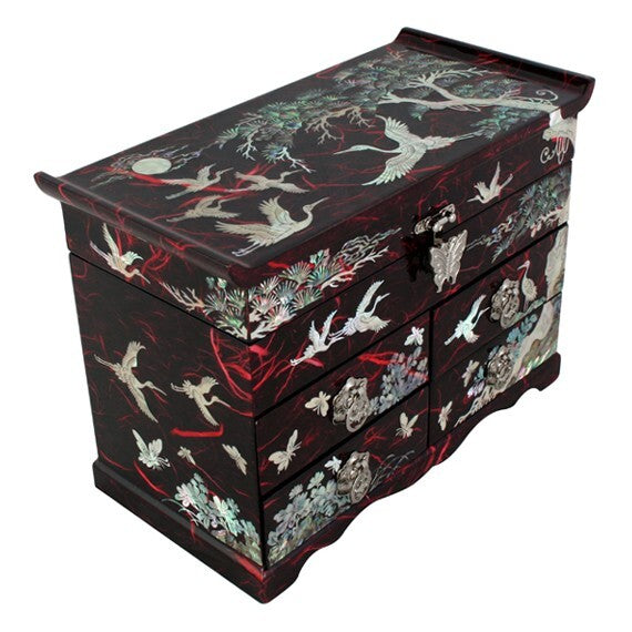 Mother of Pearl Art Red Wood Drawer Jewelry Treasure Trinket Box Chest Organizer