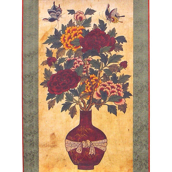 Korean Folk Peony Flower Paper Painting Wall Mount Home Decor Hanging Scroll  
