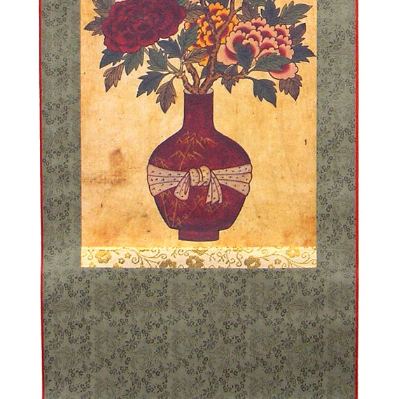 Korean Folk Peony Flower Paper Painting Wall Mount Home Decor Hanging Scroll  