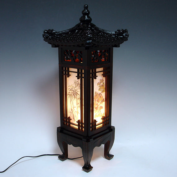 Wood Shade Asian Oriental House Lantern Bedside Dragon Art Deco Table Lamp Light