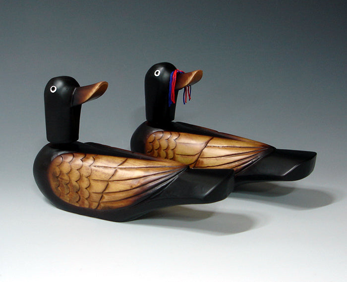 Wooden Wood Carved Geese Duck Figurine Deco Birds Pair