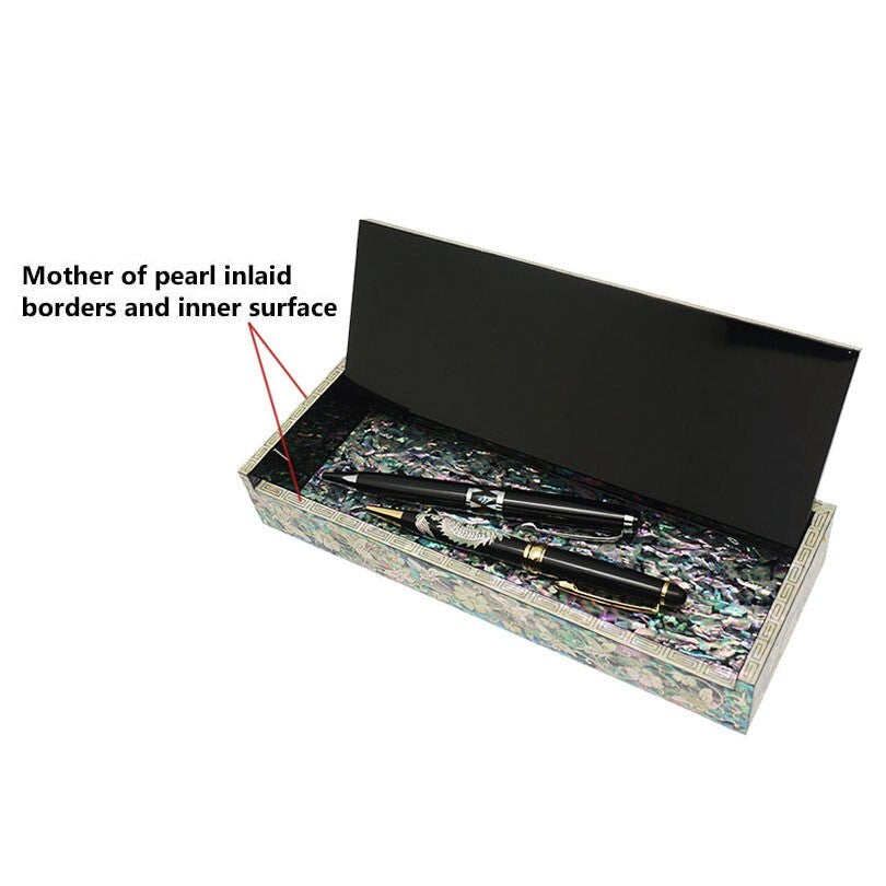 Mother of Pearl Inlay Desk Wood Pen Pencil Brush Holder Lid Case Box Storage