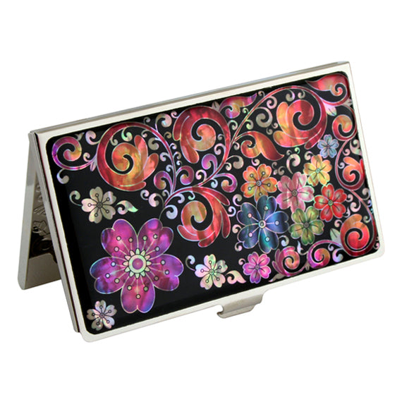 Mother of Pearl Purple Orange Flower Metal Business Credit Name Card Case Holder