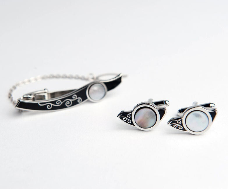 Mother of Pearl Circle Design Tie Clip Bar Clasp Pin Round Cufflinks Gift Set
