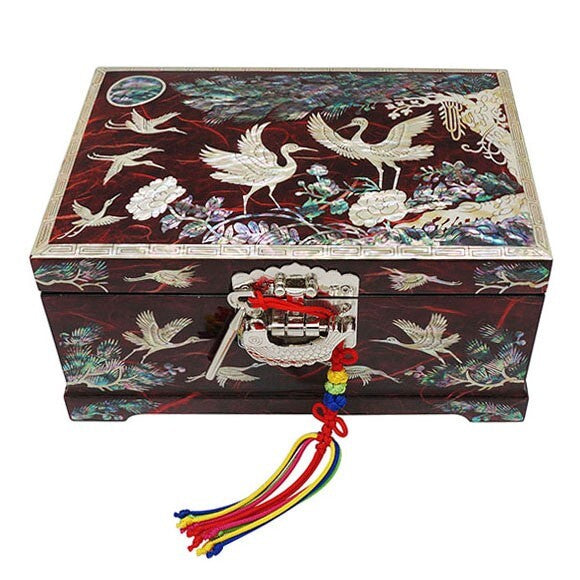 Mother of Pearl Red Wood Lock Jewelry Treasure Chest Box Storage Case Organizer