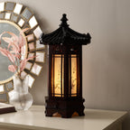 Hexagonal Carved Wood Lantern Brown Art Deco Bedside Bedroom Table Lamp Light