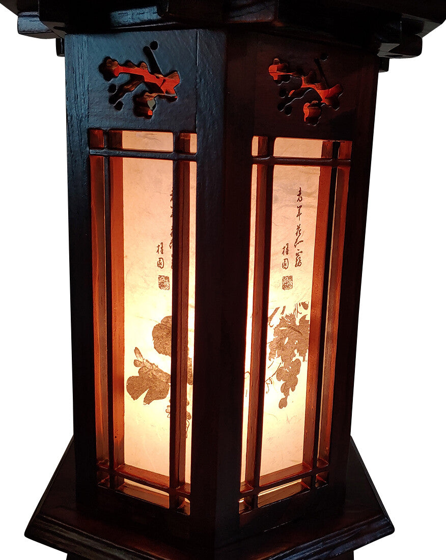 Hexagonal Carved Wood Art Deco Lantern Brown Bedside Bedroom Table Lamp Light
