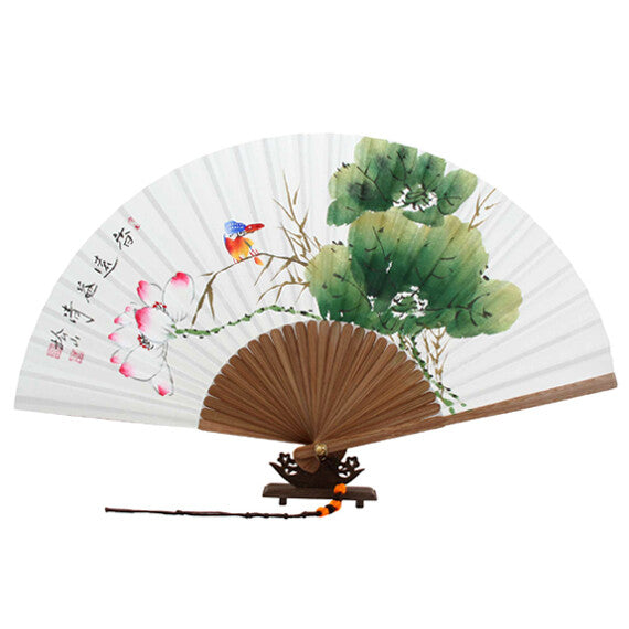 Folding Rice Paper Lotus Flower Bird Painting Bamboo Asian Wall Decor Hand Fan