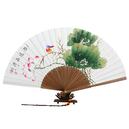Folding Rice Paper Lotus Flower Bird Painting Bamboo Asian Wall Decor Hand Fan