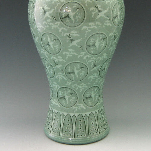 Celadon Green Ceramic Porcelain Pottery Bird Art Design Decorative Prunus Vase