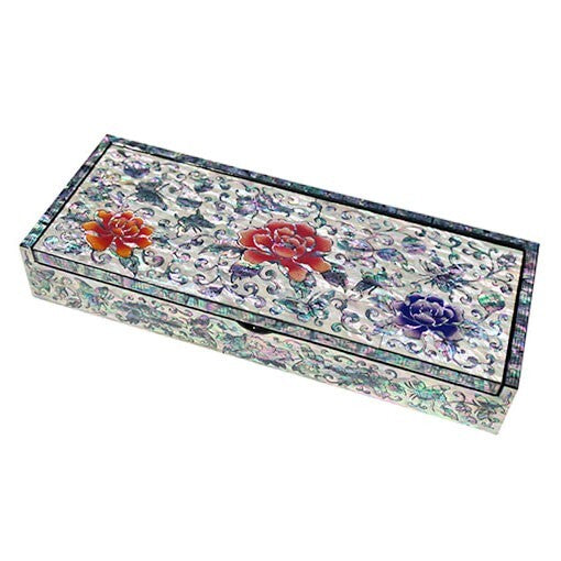 Mother of Pearl Inlay Desk Wood Pen Pencil Brush Holder Lid Case Box Organizer