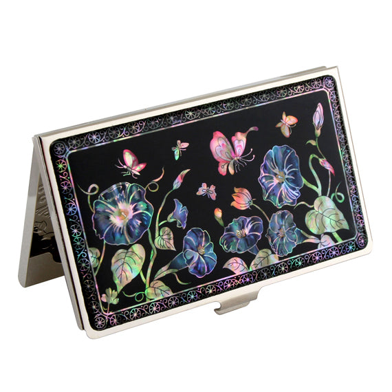 MOP Blue Morning Glory Flower Design Black Business Credit Name Card Holder Case