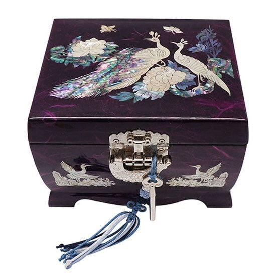 Mother of Pearl Inlay Purple Wood Jewelry Necklace Music Box Chest Case Storage