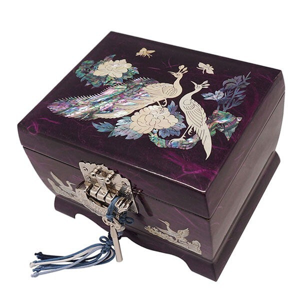 Mother of Pearl Inlay Purple Wood Jewelry Necklace Music Box Chest Case Storage