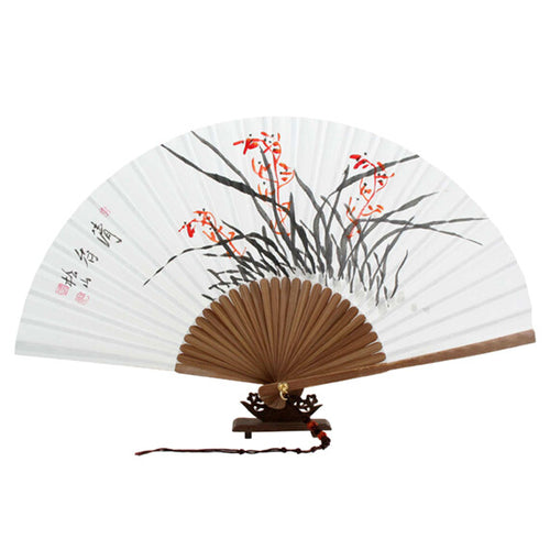 Hand Paint Flower Painting Folding White Paper Wall Home Deco Bamboo Wood Fan
