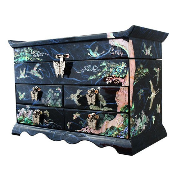 Mother of Pearl Inlay Asian Lacquer Wood Blue Treasure Chest Jewelry Drawer Box