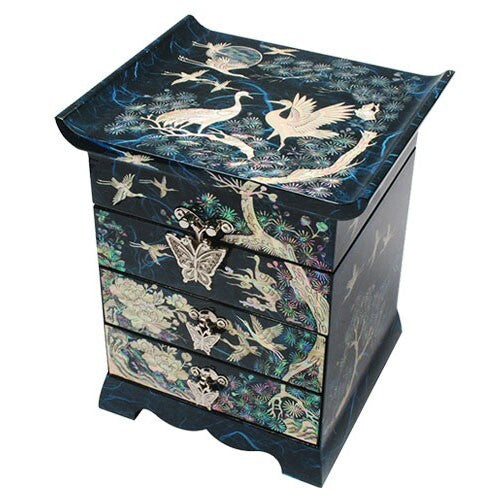 Mother of Pearl Wood Art Decorative Blue Jewelry Trinket Keepsake Gift Box Chest
