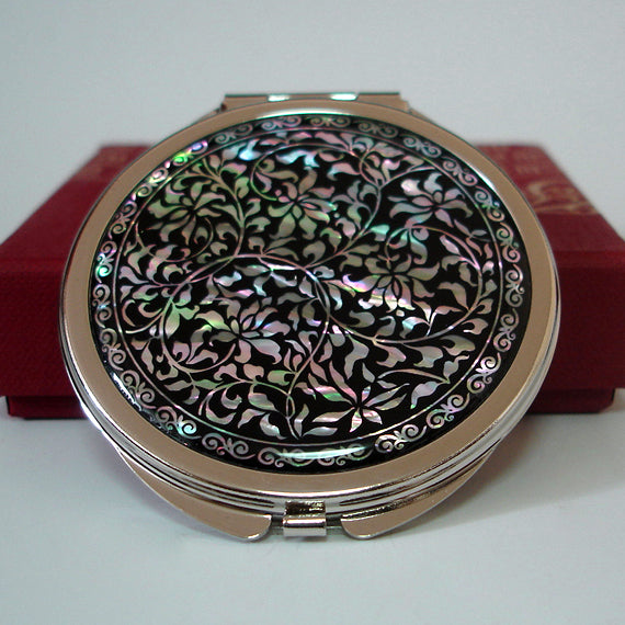 Mother of Pearl Black Compact Cosmetic Makeup Round Handbag Purse Pocket Mirror