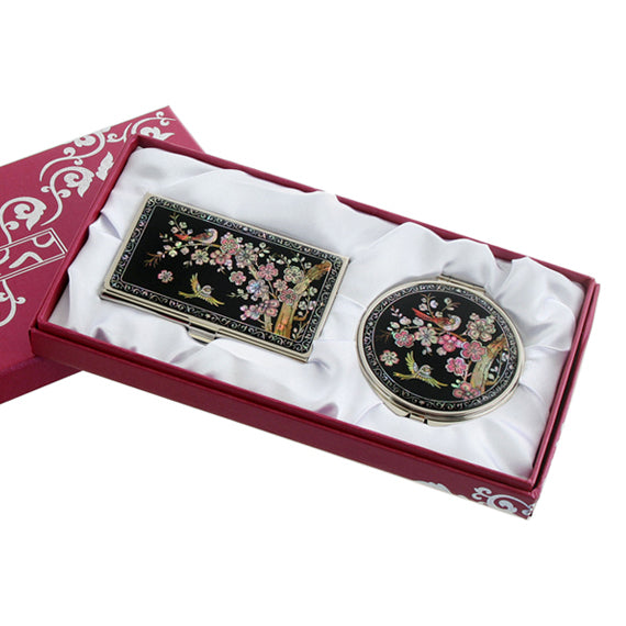 MOP Pink Flower Business Card Case Compact Cosmetic Makeup Mirror Women Gift Set