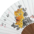 Handpaint Folding Paper Yellow Flower Painting Bamboo Wood Wall Hand Art Fan 
