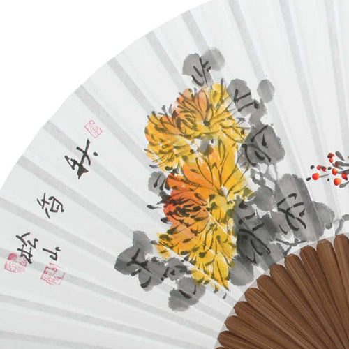 Handpaint Folding Paper Yellow Flower Painting Bamboo Wood Wall Hand Art Fan 