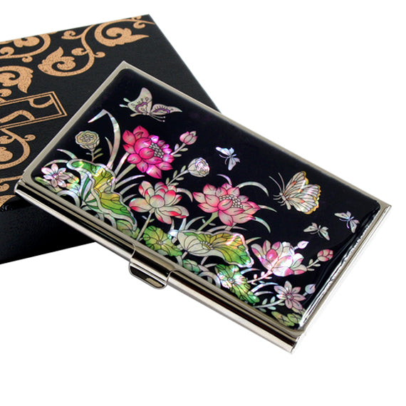 MOP Pink Lotus Flower Green Leaf Design Business Credit Name ID Card Holder Case