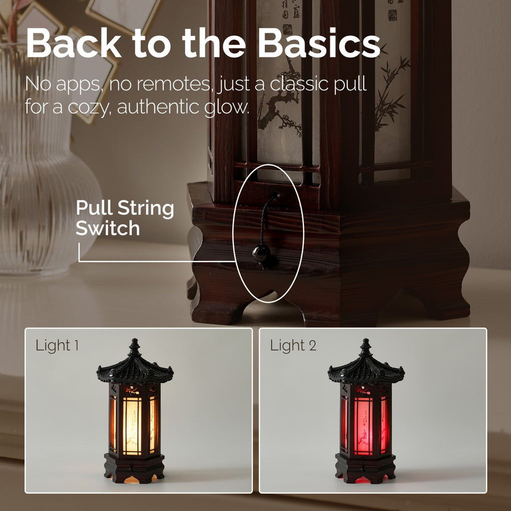 Hexagonal Carved Wood Lantern Brown Art Deco Bedside Bedroom Table Lamp Light