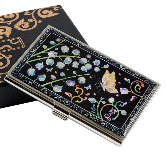 Mother of Pearl Metal Slim Black Business Credit Name ID Card Money Holder Case 