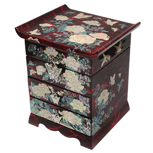 Mother of Pearl Wood Red Lacquer Korean Oriental Treasure Jewelry Ring Box Case