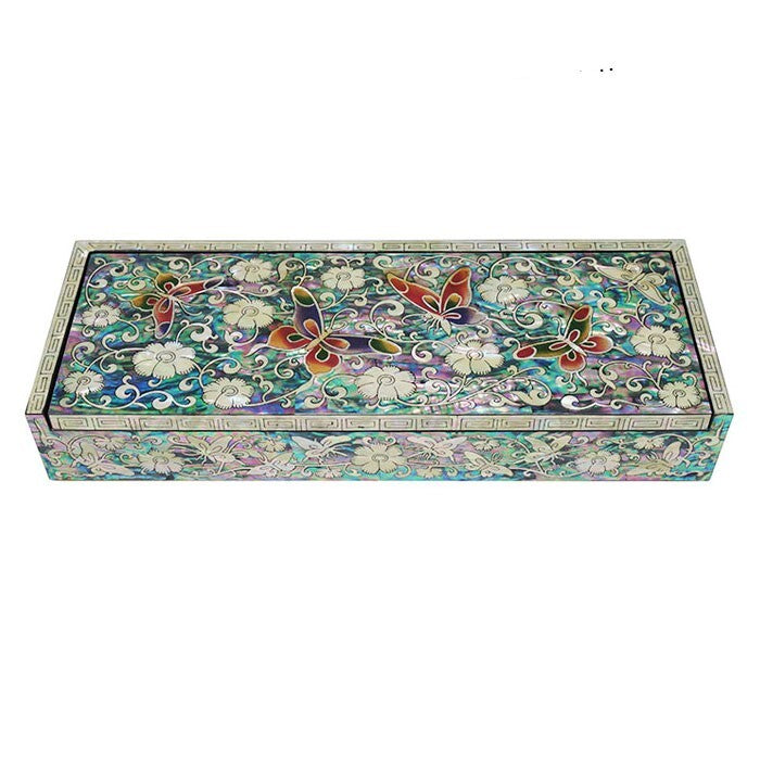 Mother of Pearl Inlay Desk Wood Pen Pencil Brush Holder Lid Case Box Storage