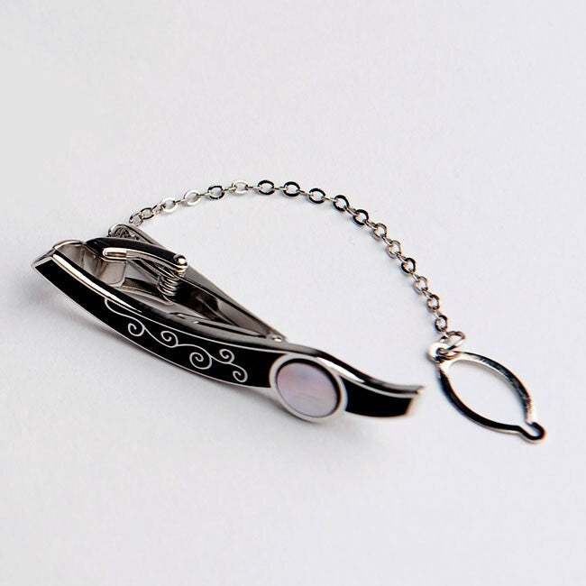 Mother of Pearl Circle Design Tie Clip Bar Clasp Pin Round Cufflinks Gift Set